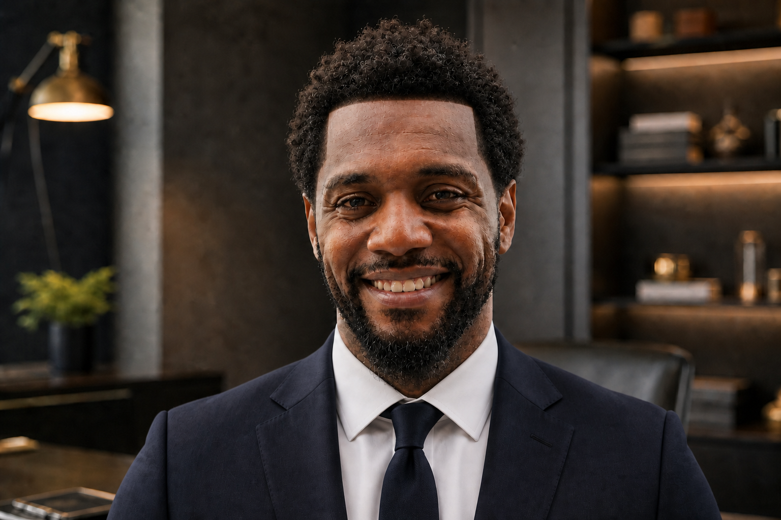 Ceedy in a professional navy suit